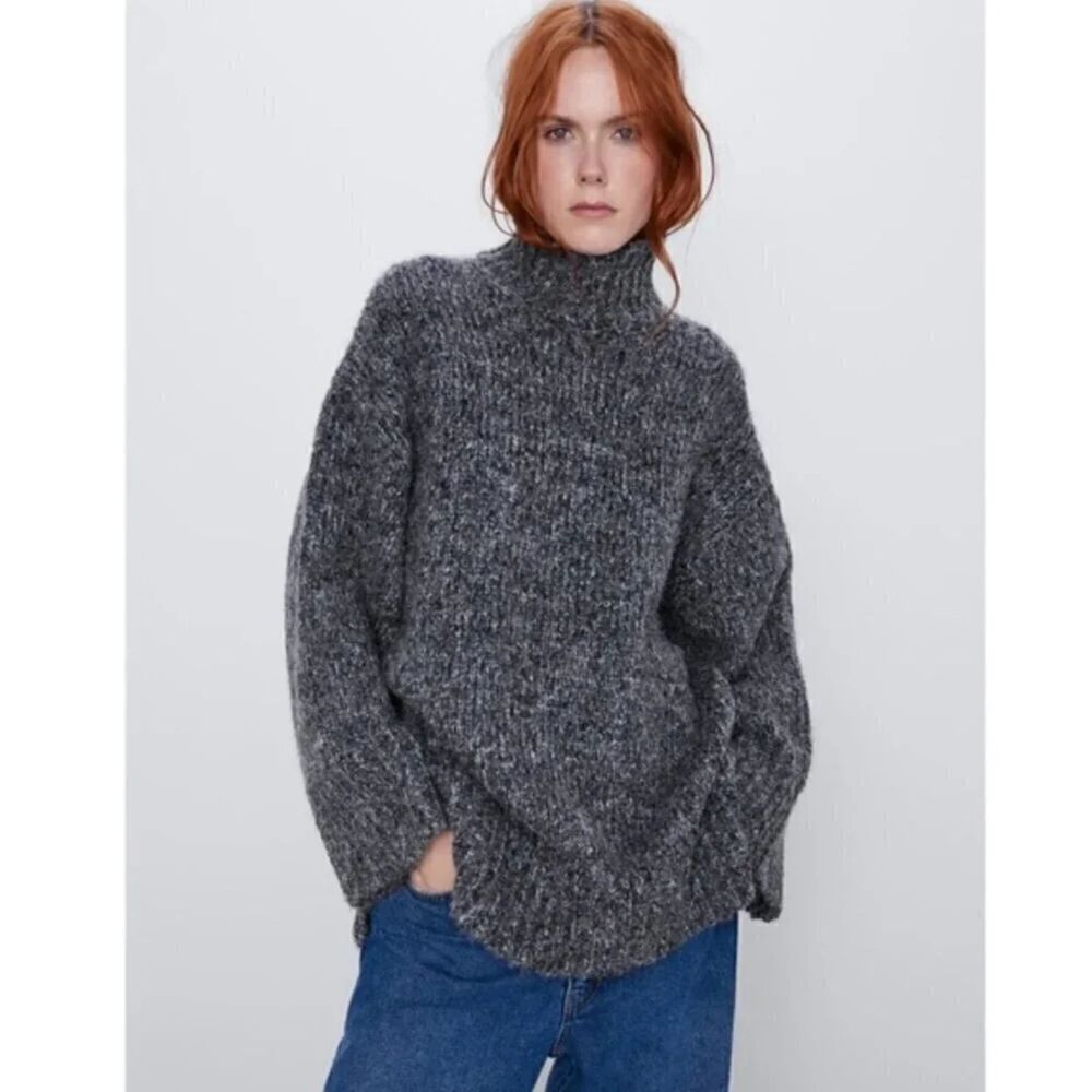 Zara Charcoal Gray Turtleneck Sweater Oversized Knit Pullover L Cottagecore Chic